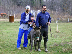 Vincent rides Michelle the miniature donkey.